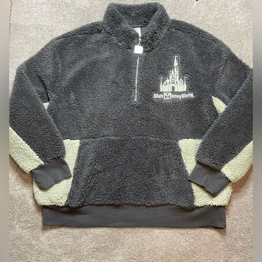 Disney Women's Black and Light Green Sherpa Quarter-Zip Pullover Sweatshirt